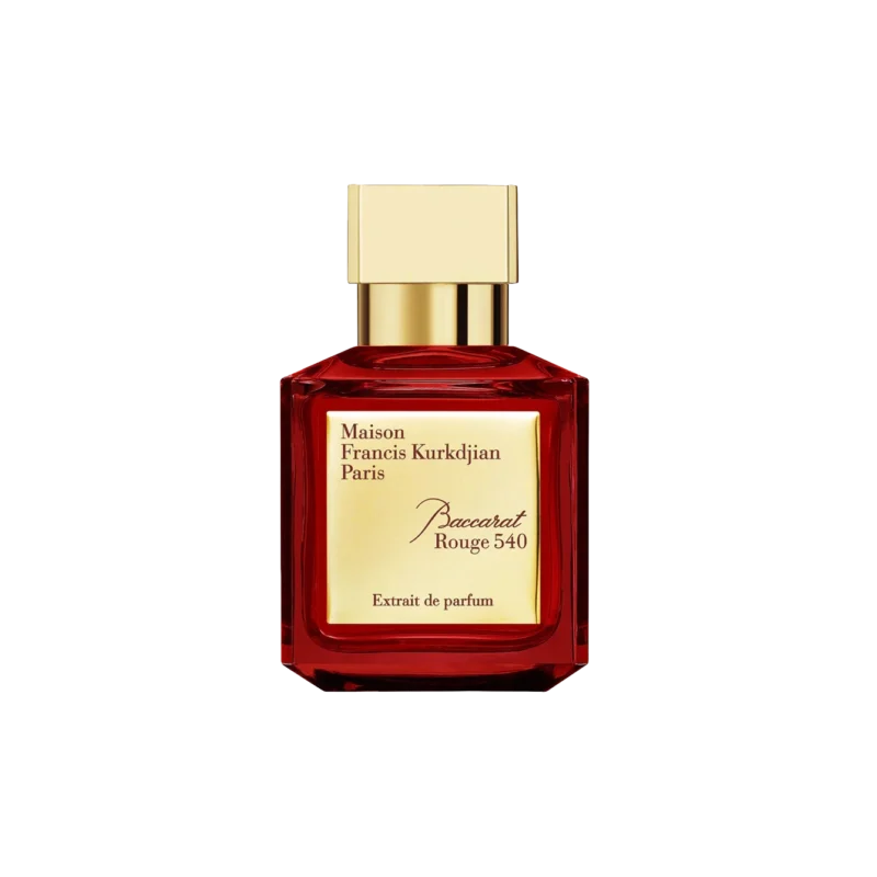 Một chai Baccarat Rouge 540 Extrait de Parfum bằng thủy tinh trong suốt, có nút màu đỏ hình giọt nước